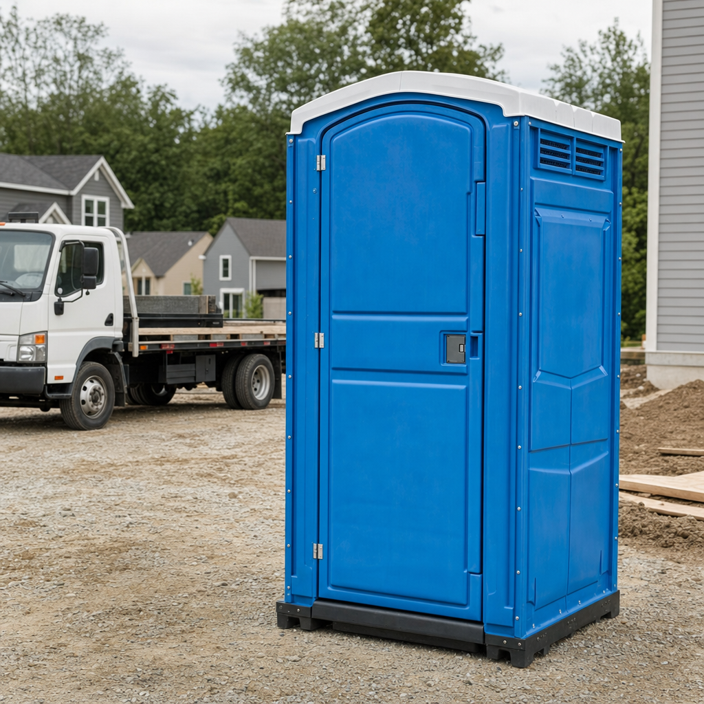 Delivery driver positioning a clean royal-blue portable toilet on level ground at a Stafford worksite