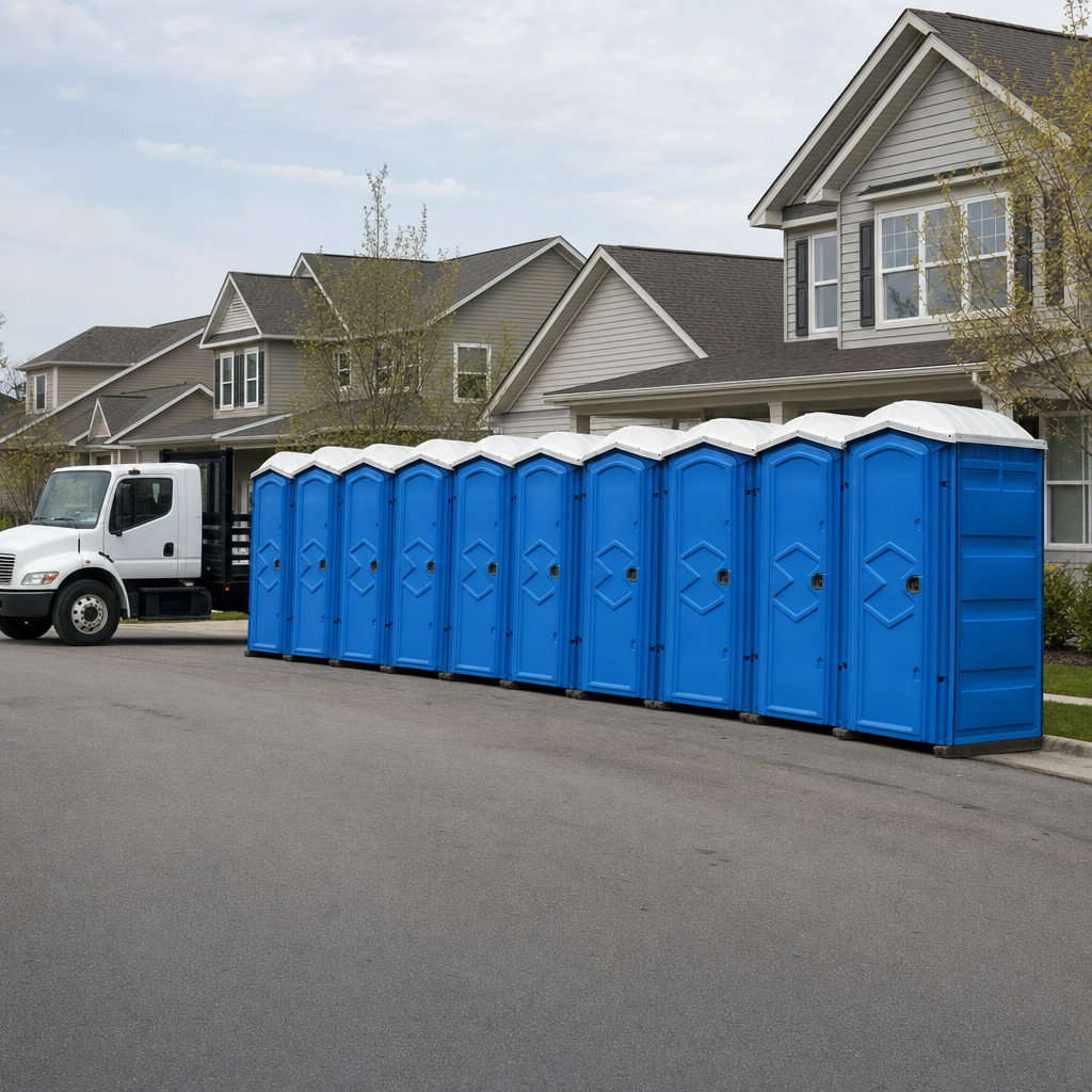 Royal blue portable toilets staged in a tidy row at a Stafford jobsite, ready for delivery