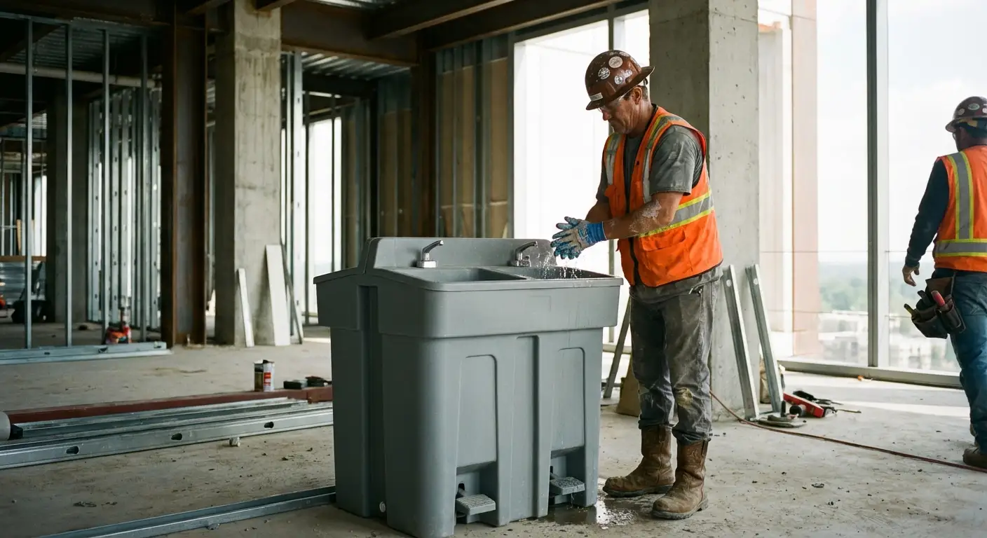 A dual-basin hand wash station positioned on a concrete floor of a high-rise construction site with the city skyline visible through open steel framing. in Stafford, CT