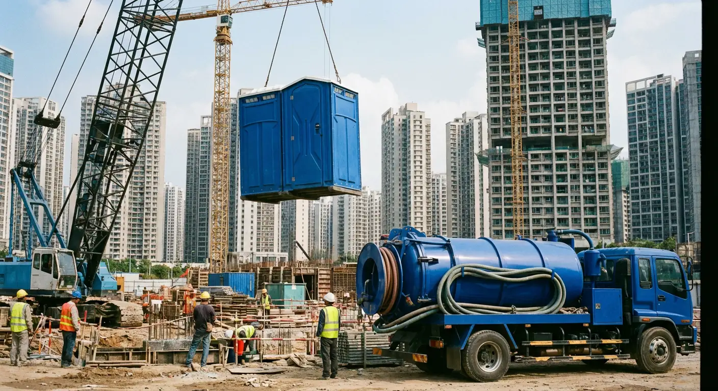 A High-Rise Crane Liftable Toilet unit suspended in mid-air by a crane against a city skyline during the day, showcasing the steel sling attachment. in Stafford, CT
