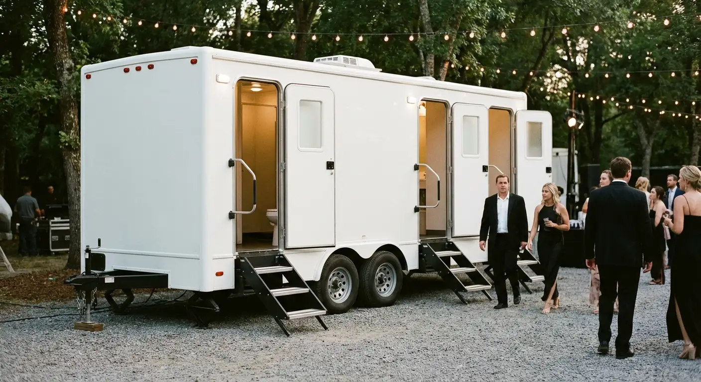 Exterior of a Luxury Restroom Trailer at an evening event, warm lighting spilling from the door, positioned discreetly near a manicured lawn. in Stafford, CT