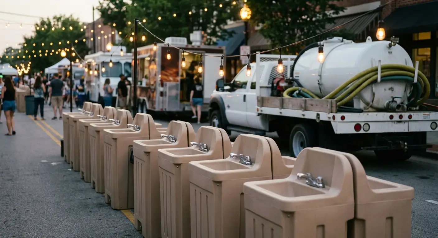 A row of clean, grey portable hand wash stations set up on pavement near food trucks, with blurred festival lights and crowd in the background. in Stafford, CT