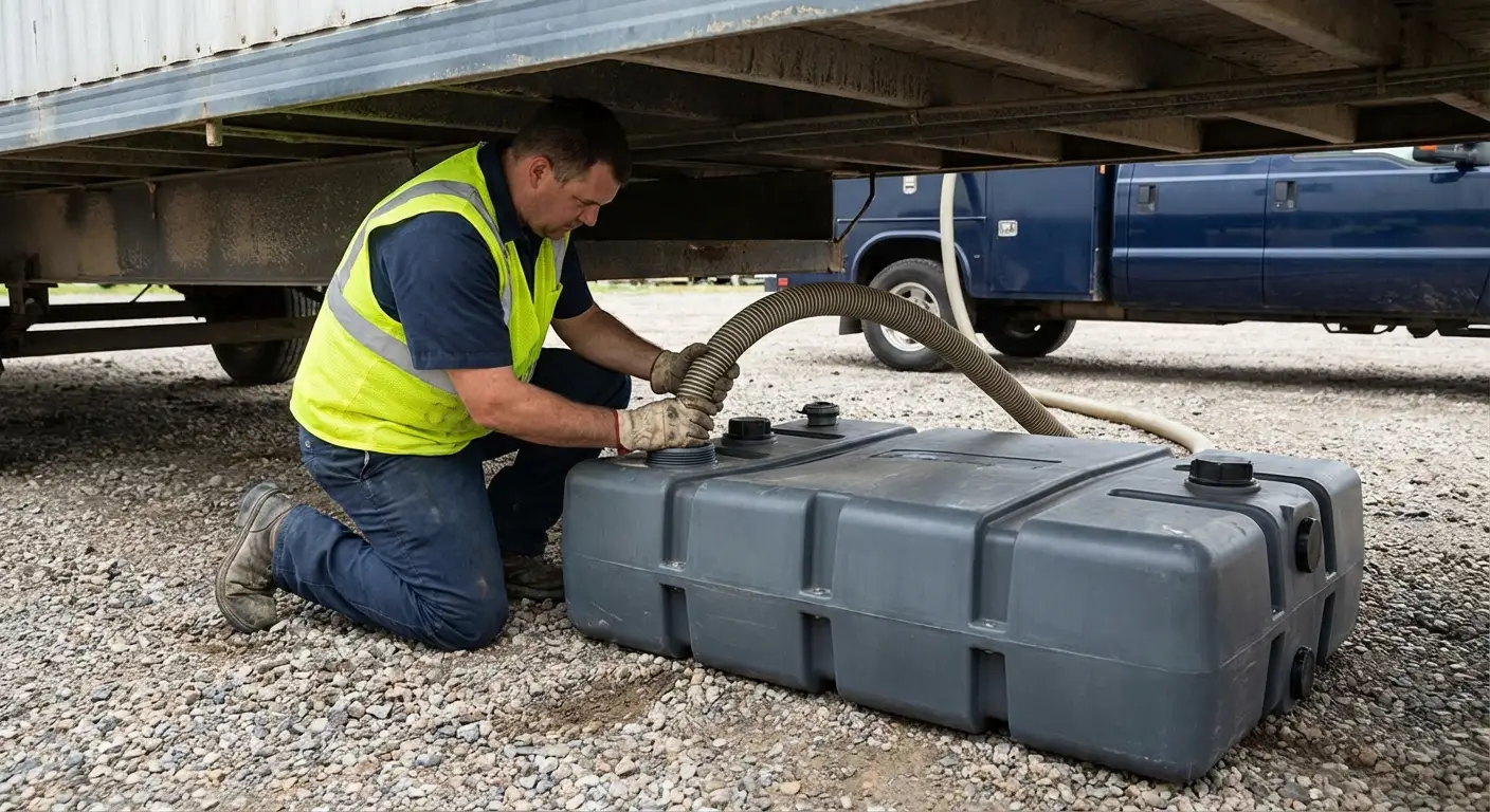 Stafford Speedway Sanitation vacuum truck servicing a waste holding tank at a construction site
