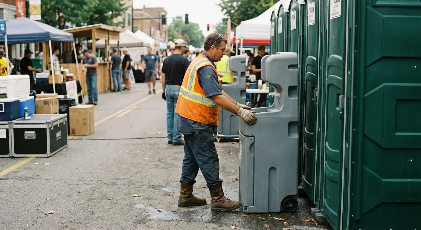 A row of pristine Special Event Portable Restrooms and hand wash stations lined up along a festival barrier with blurred crowds in the background. in Stafford, CT
