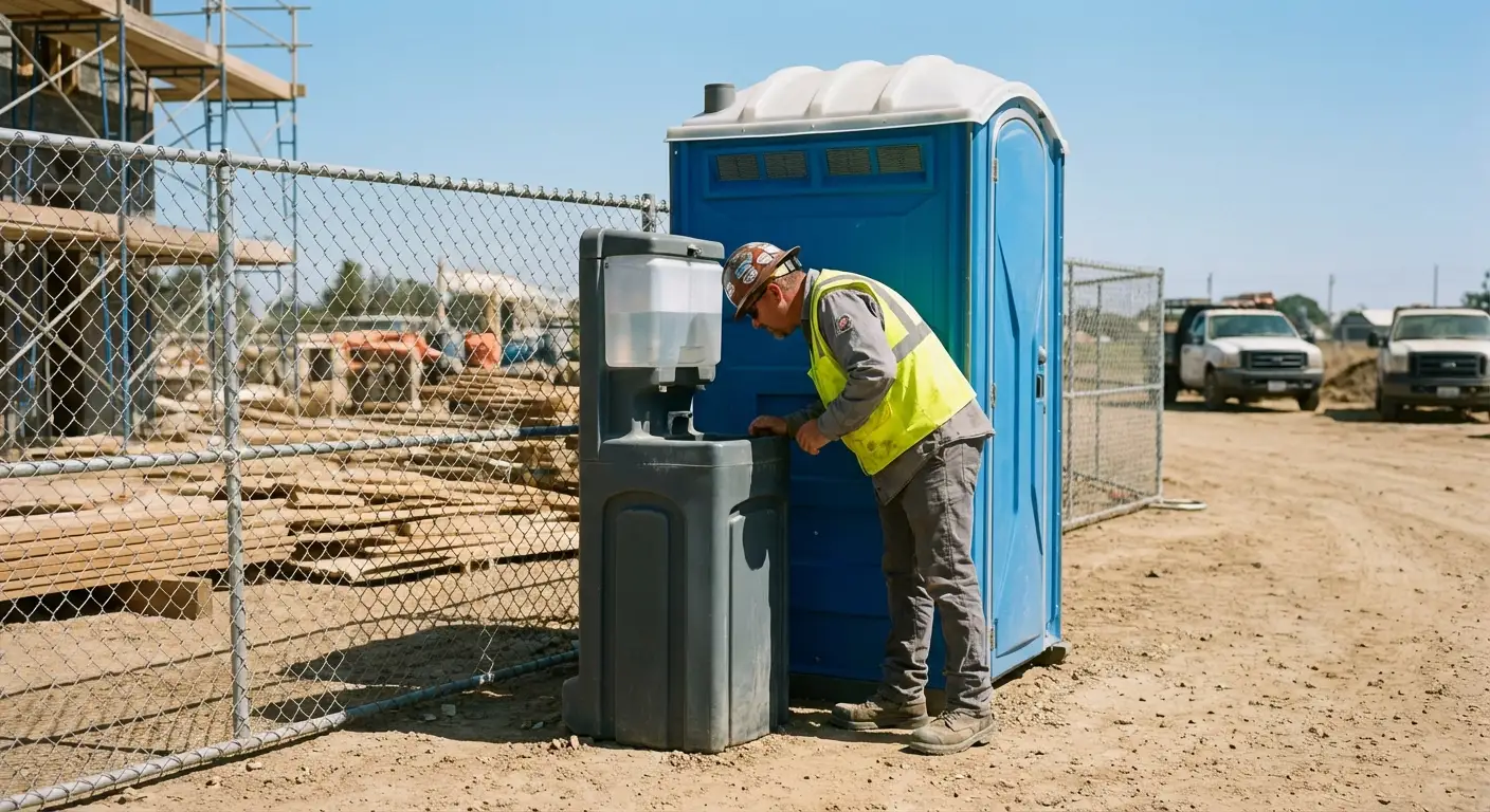 A close-up view of a portable hand wash station next to a portable toilet on a dirt construction site, focusing on the foot pump mechanism. in Stafford, CT
